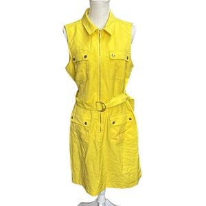 Sheragano Sleevelezs Zip-Up Below Knee Midi Dress Yellow Womens 14 Belted Cargo